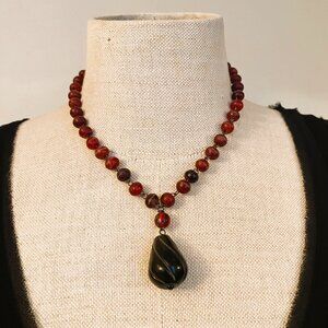 Bonnie J. Red Beads with Black Pendant Necklace